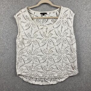 Banana Republic Blouse Womens Petite Medium White Lace Floral Sheer Coquette Top